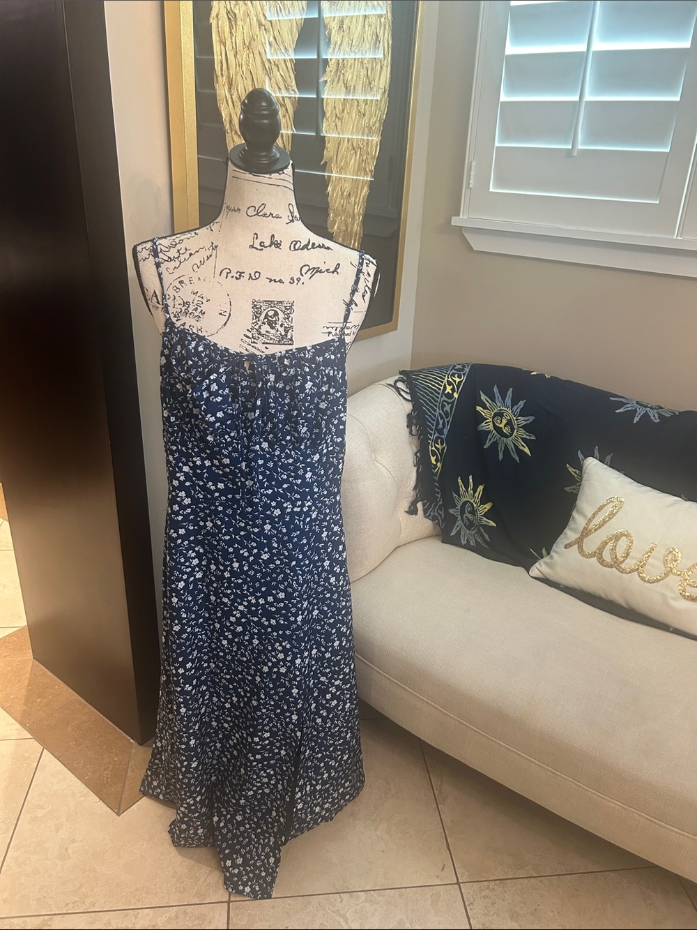 SHEIN Navy Floral Spaghetti-Strap Maxi Dress zip on side, slit, adjustable strap